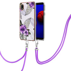 Handyhülle Silikon Hülle Gummi Schutzhülle Flexible Modisch Muster mit Schlüsselband Lanyard Y03B für Samsung Galaxy M01 Core Violett