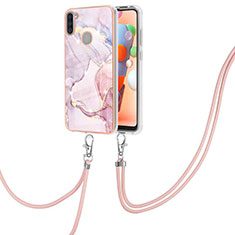 Handyhülle Silikon Hülle Gummi Schutzhülle Flexible Modisch Muster mit Schlüsselband Lanyard Y05B für Samsung Galaxy A11 Rosa