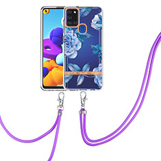 Handyhülle Silikon Hülle Gummi Schutzhülle Flexible Modisch Muster mit Schlüsselband Lanyard Y06B für Samsung Galaxy A21s Blau