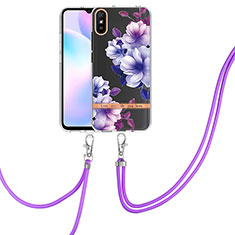 Handyhülle Silikon Hülle Gummi Schutzhülle Flexible Modisch Muster mit Schlüsselband Lanyard Y06B für Xiaomi Redmi 9A Violett