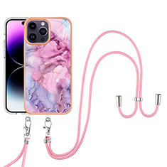 Handyhülle Silikon Hülle Gummi Schutzhülle Flexible Modisch Muster mit Schlüsselband Lanyard Y07B für Apple iPhone 13 Pro Max Helles Lila