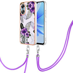 Handyhülle Silikon Hülle Gummi Schutzhülle Flexible Modisch Muster mit Schlüsselband Lanyard YB3 für Oppo A17 Violett
