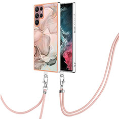 Handyhülle Silikon Hülle Gummi Schutzhülle Flexible Modisch Muster mit Schlüsselband Lanyard YB7 für Samsung Galaxy S22 Ultra 5G Rosa