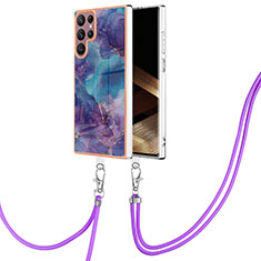 Handyhülle Silikon Hülle Gummi Schutzhülle Flexible Modisch Muster mit Schlüsselband Lanyard YB7 für Samsung Galaxy S24 Ultra 5G Violett