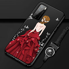 Handyhülle Silikon Hülle Gummi Schutzhülle Flexible Motiv Kleid Mädchen für Huawei Honor Play4 5G Rot und Schwarz