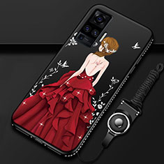 Handyhülle Silikon Hülle Gummi Schutzhülle Flexible Motiv Kleid Mädchen für Vivo X51 5G Rot und Schwarz
