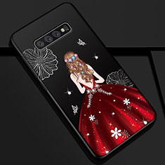 Handyhülle Silikon Hülle Gummi Schutzhülle Flexible Motiv Kleid Mädchen K01 für Samsung Galaxy S10 Plus Rot und Schwarz