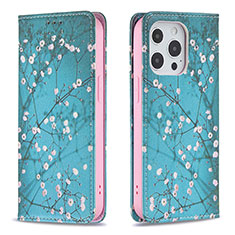Handytasche Stand Schutzhülle Flip Leder Hülle Blumen für Apple iPhone 13 Pro Hellblau
