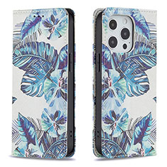 Handytasche Stand Schutzhülle Flip Leder Hülle Blumen für Apple iPhone 13 Pro Max Blau
