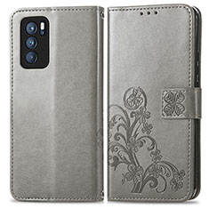 Handytasche Stand Schutzhülle Flip Leder Hülle Blumen für Oppo Reno6 Pro 5G India Grau