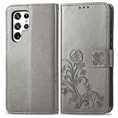 Handytasche Stand Schutzhülle Flip Leder Hülle Blumen für Samsung Galaxy S22 Ultra 5G Grau