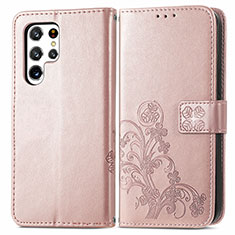 Handytasche Stand Schutzhülle Flip Leder Hülle Blumen für Samsung Galaxy S22 Ultra 5G Rosa
