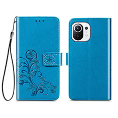 Handytasche Stand Schutzhülle Flip Leder Hülle Blumen für Xiaomi Mi 11 5G Blau