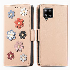 Handytasche Stand Schutzhülle Flip Leder Hülle Blumen S02D für Samsung Galaxy A42 5G Kahki