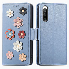 Handytasche Stand Schutzhülle Flip Leder Hülle Blumen S02D für Sony Xperia 10 V Blau