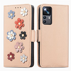 Handytasche Stand Schutzhülle Flip Leder Hülle Blumen S02D für Xiaomi Mi 12T Pro 5G Kahki