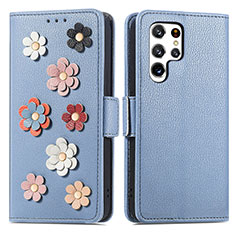 Handytasche Stand Schutzhülle Flip Leder Hülle Blumen S04D für Samsung Galaxy S21 Ultra 5G Blau