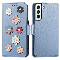 Handytasche Stand Schutzhülle Flip Leder Hülle Blumen S04D für Samsung Galaxy S22 Plus 5G Blau