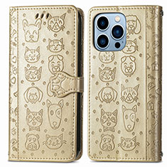 Handytasche Stand Schutzhülle Flip Leder Hülle Modisch Muster H12 für Apple iPhone 13 Pro Gold