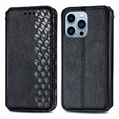 Handytasche Stand Schutzhülle Flip Leder Hülle Modisch Muster H15 für Apple iPhone 15 Pro Schwarz