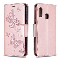 Handytasche Stand Schutzhülle Flip Leder Hülle Schmetterling B01F für Samsung Galaxy A20e Rosegold