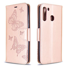 Handytasche Stand Schutzhülle Flip Leder Hülle Schmetterling B01F für Samsung Galaxy A21 Rosegold
