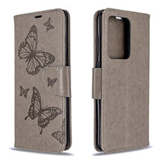 Handytasche Stand Schutzhülle Flip Leder Hülle Schmetterling B01F für Samsung Galaxy S20 Plus 5G Grau