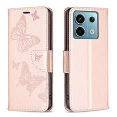 Handytasche Stand Schutzhülle Flip Leder Hülle Schmetterling B01F für Xiaomi Redmi Note 13 Pro 5G Rosegold