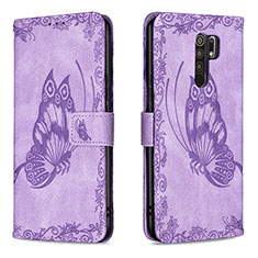 Handytasche Stand Schutzhülle Flip Leder Hülle Schmetterling B02F für Xiaomi Redmi 9 Prime India Helles Lila