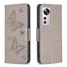 Handytasche Stand Schutzhülle Flip Leder Hülle Schmetterling B13F für Xiaomi Mi 12 5G Grau