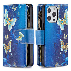 Handytasche Stand Schutzhülle Flip Leder Hülle Schmetterling für Apple iPhone 13 Pro Blau
