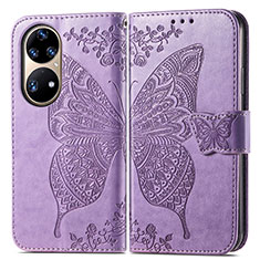 Handytasche Stand Schutzhülle Flip Leder Hülle Schmetterling für Huawei P50 Pro Helles Lila