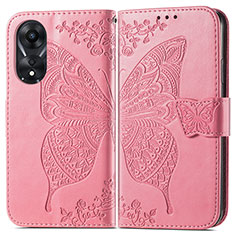 Handytasche Stand Schutzhülle Flip Leder Hülle Schmetterling für Oppo A58 4G Pink