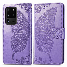 Handytasche Stand Schutzhülle Flip Leder Hülle Schmetterling für Samsung Galaxy S20 Ultra 5G Helles Lila