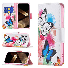 Handytasche Stand Schutzhülle Flip Leder Hülle Schmetterling L03 für Apple iPhone 14 Pro Rosa