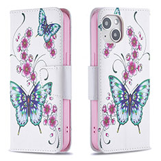 Handytasche Stand Schutzhülle Flip Leder Hülle Schmetterling L07 für Apple iPhone 15 Plus Weiß