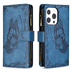 Handytasche Stand Schutzhülle Flip Leder Hülle Schmetterling L08 für Apple iPhone 14 Pro Blau