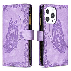 Handytasche Stand Schutzhülle Flip Leder Hülle Schmetterling L08 für Apple iPhone 14 Pro Violett