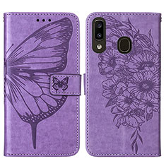 Handytasche Stand Schutzhülle Flip Leder Hülle Schmetterling Y01B für Samsung Galaxy A20 Helles Lila