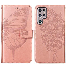 Handytasche Stand Schutzhülle Flip Leder Hülle Schmetterling Y06B für Samsung Galaxy S22 Ultra 5G Rosegold
