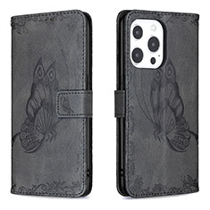Handytasche Stand Schutzhülle Flip Leder Hülle Schmetterling Z01 für Apple iPhone 15 Pro Schwarz