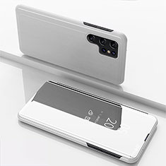 Handytasche Stand Schutzhülle Flip Leder Rahmen Spiegel Tasche H01 für Samsung Galaxy S21 Ultra 5G Silber