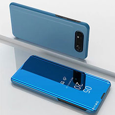Handytasche Stand Schutzhülle Leder Rahmen Spiegel Tasche M01 für Samsung Galaxy A80 Blau