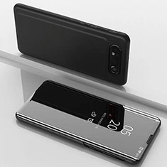 Handytasche Stand Schutzhülle Leder Rahmen Spiegel Tasche M01 für Samsung Galaxy A80 Schwarz