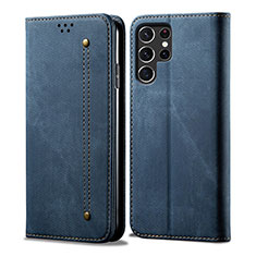 Handytasche Stand Schutzhülle Stoff für Samsung Galaxy S22 Ultra 5G Blau