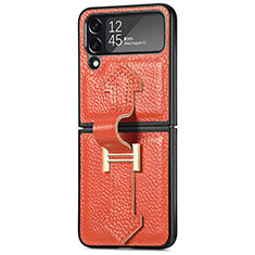 Luxus Leder Hülle Handyhülle und Kunststoff Schutzhülle Hartschalen Tasche B04 für Samsung Galaxy Z Flip4 5G Orange