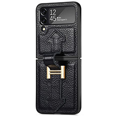 Luxus Leder Hülle Handyhülle und Kunststoff Schutzhülle Hartschalen Tasche B04 für Samsung Galaxy Z Flip4 5G Schwarz