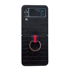 Luxus Leder Hülle Handyhülle und Kunststoff Schutzhülle Hartschalen Tasche C02 für Samsung Galaxy Z Flip4 5G Schwarz