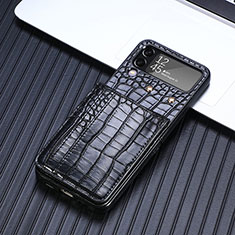Luxus Leder Hülle Handyhülle und Kunststoff Schutzhülle Hartschalen Tasche H05 für Samsung Galaxy Z Flip4 5G Schwarz