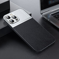 Luxus Leder Hülle Handyhülle und Kunststoff Schutzhülle Hartschalen Tasche QC1 für Apple iPhone 14 Pro Max Silber